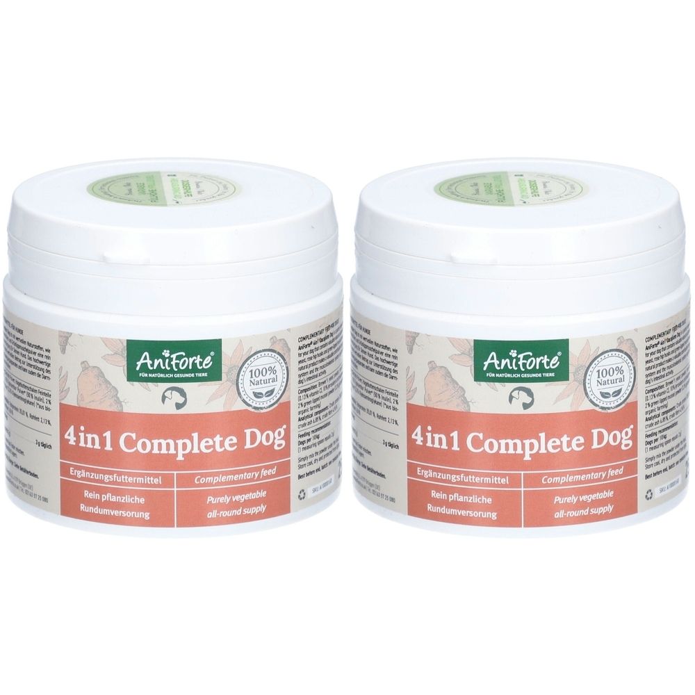 Deux pots blancs avec couvercles. Étiquettes avec "AniForte 4in1 Complete Dog". Certification "100% Natural".