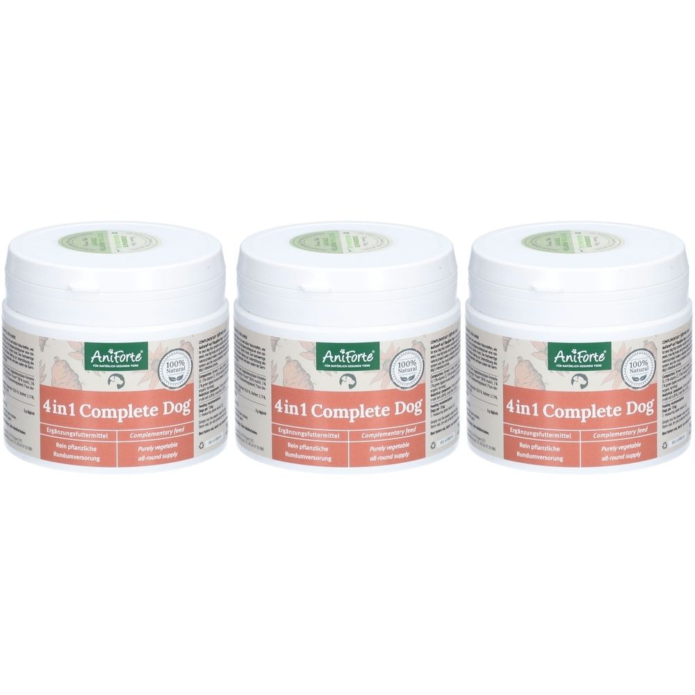 Trois pots blancs avec couvercles verts. Sur le devant, "4in1 Complete Dog" et le nom de la marque "Aniforte".