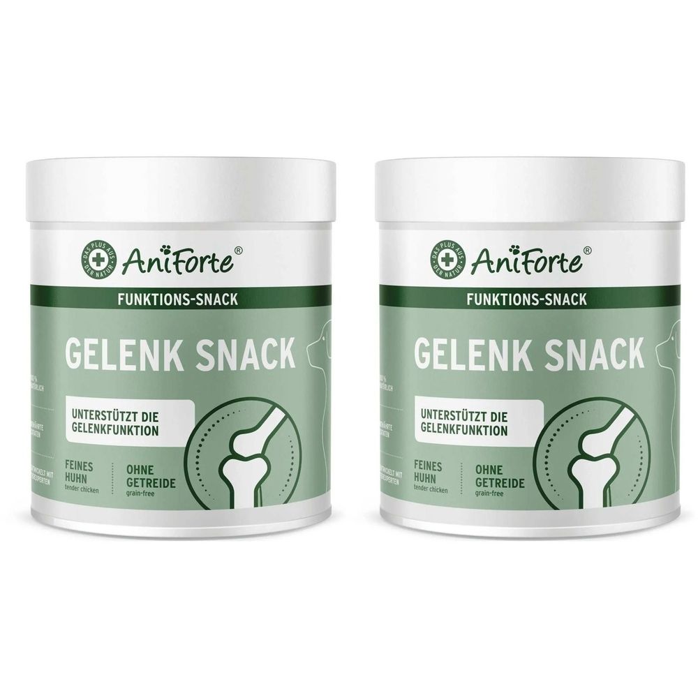 Deux boîtes blanches avec étiquette verte. Inscription : AniForte, Funktions-Snack, Gelenk Snack. Contient des informations sur la fonction articulaire.