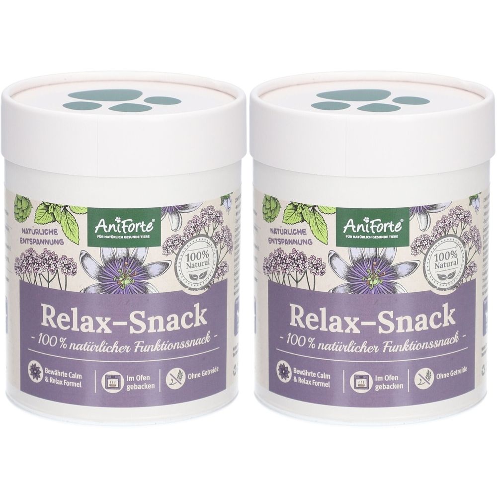 Deux boîtes blanches avec couvercles. Inscription : AniForte Relax-Snack, 100% naturel. Logo : 100% Natural.