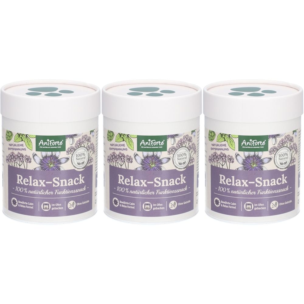 Trois boîtes blanches avec couvercles. Chaque boîte porte l'inscription "Aniforte Relax-Snack".