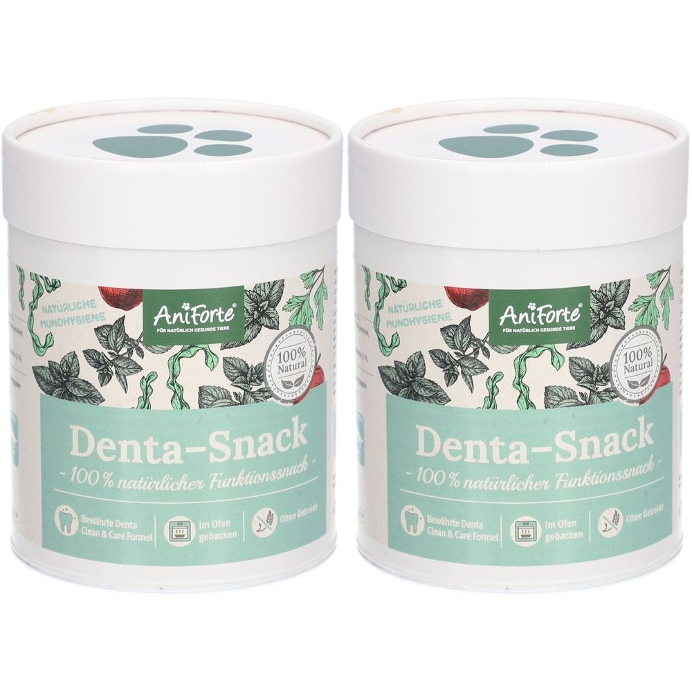 Deux boîtes blanches avec couvercles. Inscription : AniForte Denta-Snack. 100% snack fonctionnel naturel. Logo empreinte de patte.