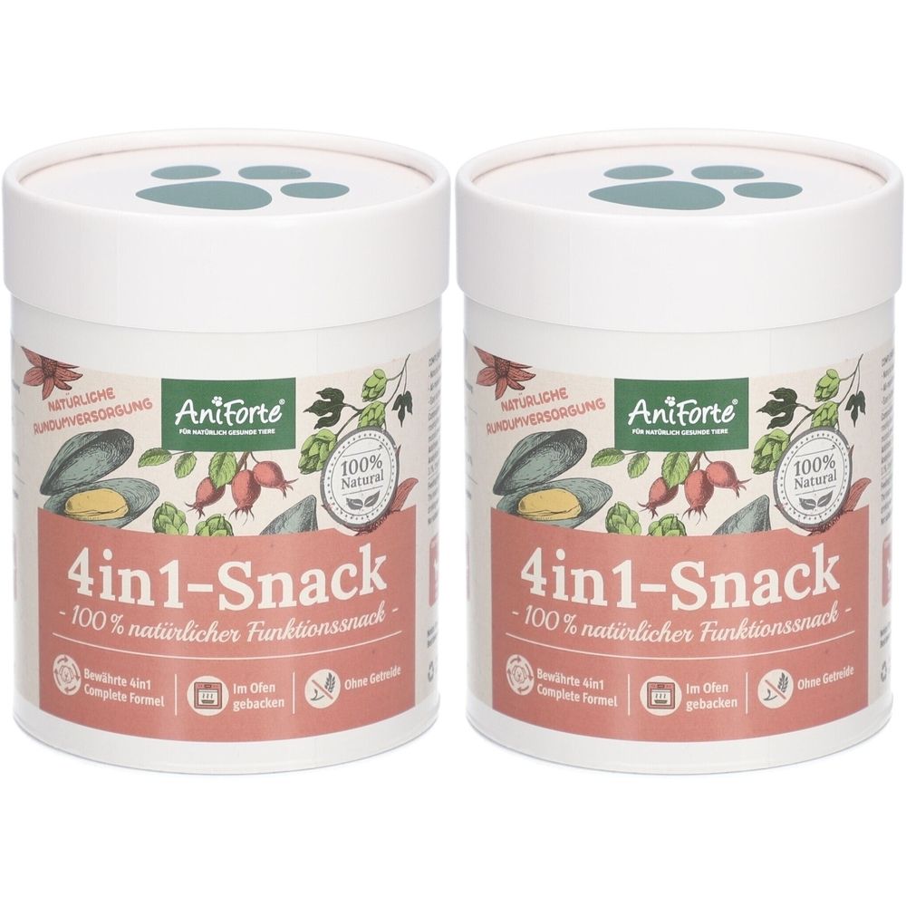 Deux contenants cylindriques blancs avec couvercles. Sur le devant, "AniForte 4in1-Snack". Inscription "100% naturel".