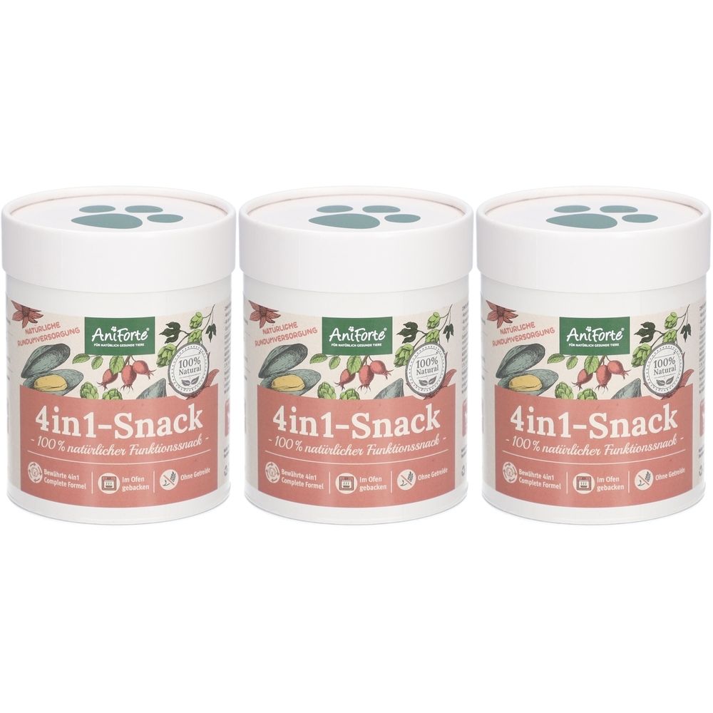 Trois boîtes blanches avec couvercles. Chaque boîte porte l'inscription "Aniforte 4in1-Snack".