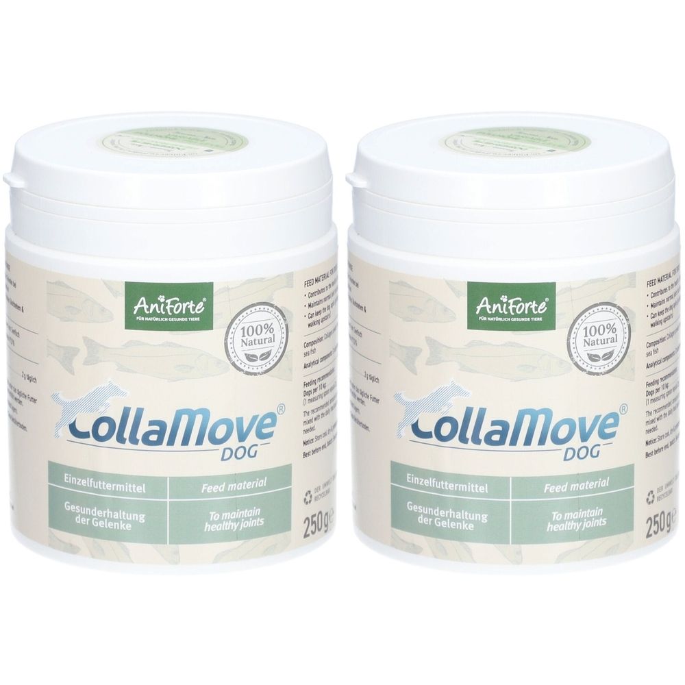 Deux pots blancs avec couvercles. Inscription: AniForte, CollaMove DOG, 100% Natural. Texte: Santé des articulations. 250g.