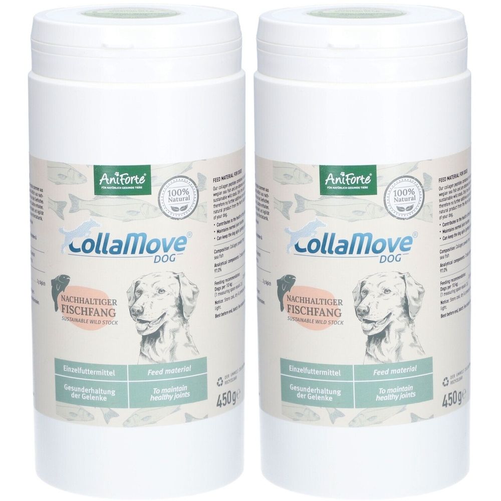 Deux contenants blancs avec étiquettes. Inscription: AniForte CollaMove DOG. Pêche durable. 100% naturel.