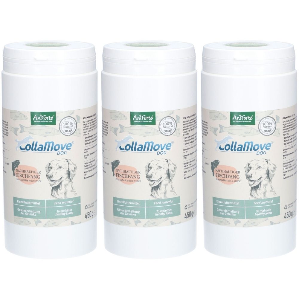 Trois boîtes blanches avec le nom du produit CollaMove DOG. Chaque boîte présente un chien et le texte Aniforté.