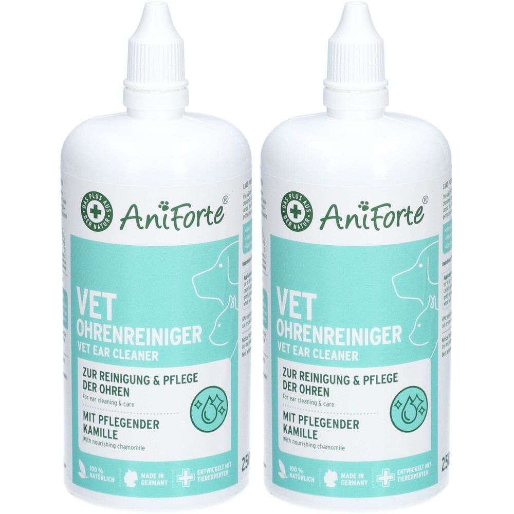 Deux flacons blancs AniForte VET nettoyant auriculaire. Inscription: VET nettoyant auriculaire, camomille. Avec ouverture de dosage.
