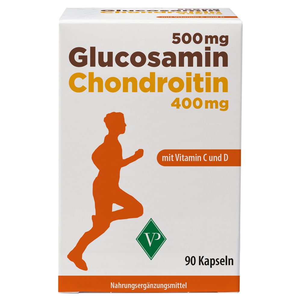 Boîte blanche de gélules Glucosamine Chondroïtine. Silhouette orange d'un coureur. 90 gélules. Logo VP.
