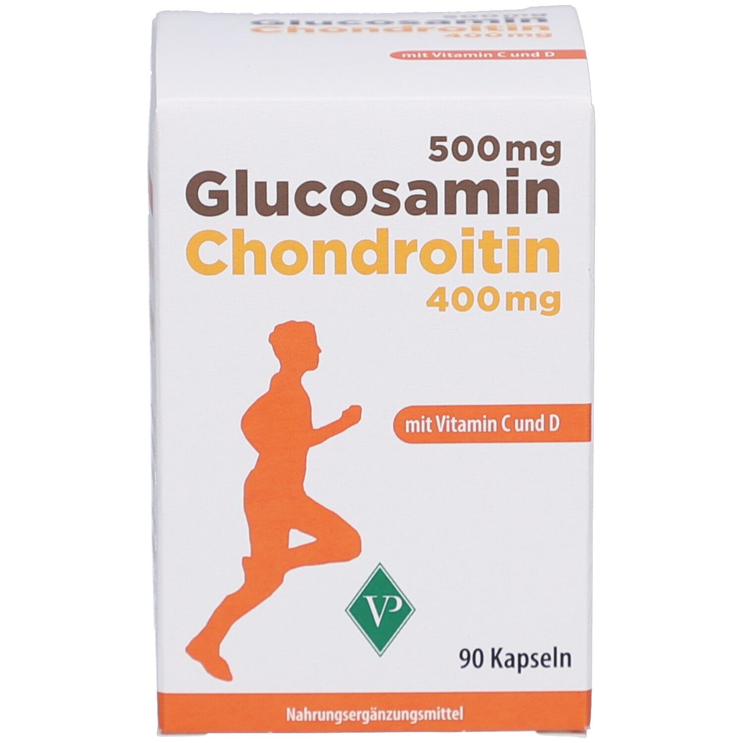 Boîte blanche Glucosamine Chondroïtine 400mg. Silhouette orange d'un coureur. 90 gélules.