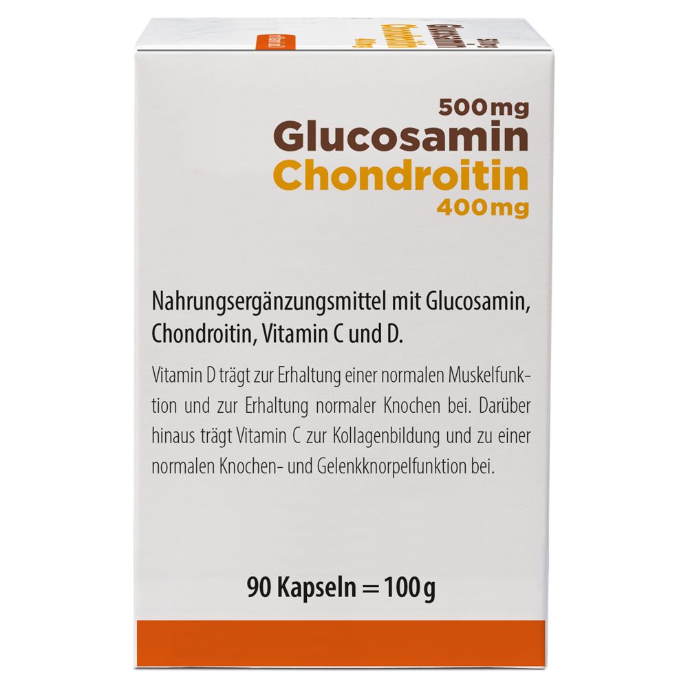 Boîte blanche de gélules Glucosamine Chondroïtine. Texte: Complément alimentaire. 90 gélules. Ingrédients.