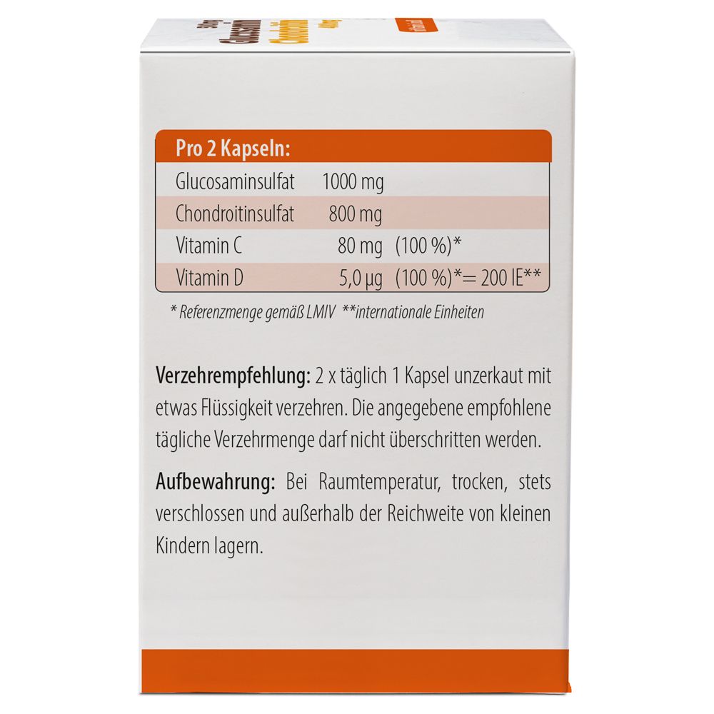 Dos de la boîte blanche avec ingrédients et recommandations d'utilisation des gélules Glucosamine Chondroïtine.
