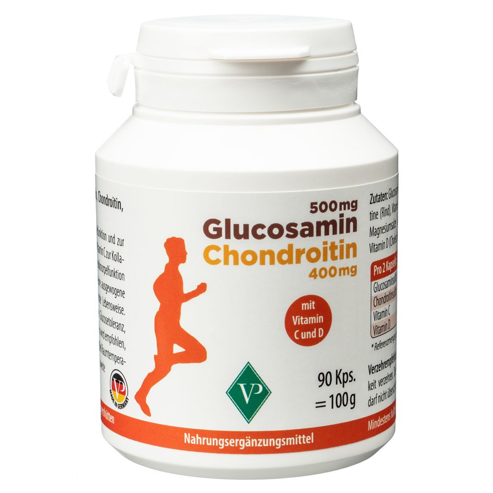 Flacon blanc de gélules Glucosamine Chondroïtine. Silhouette orange d'un coureur. 90 gélules. Logo VP.