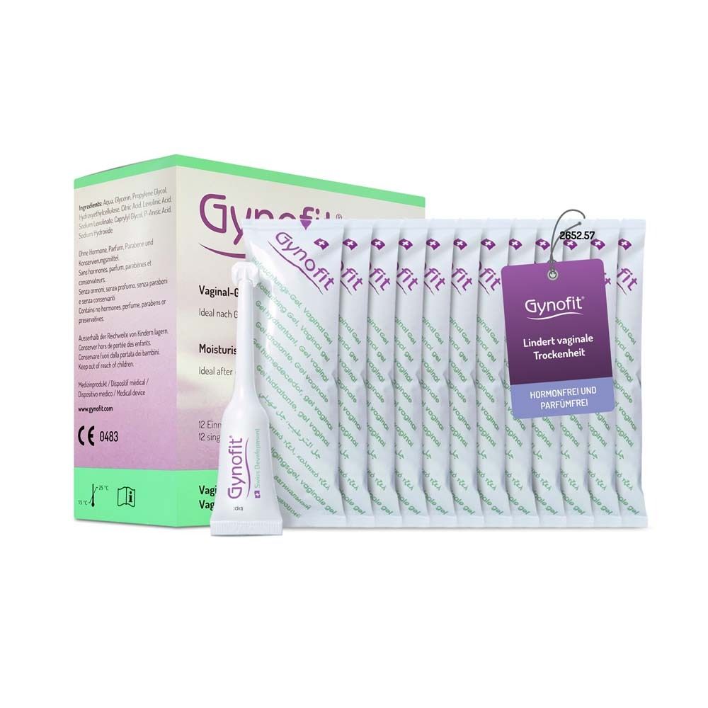 Paquet Gynofit avec 12 applicateurs. Un applicateur à côté. Nom du produit et informations sur l'emballage.
