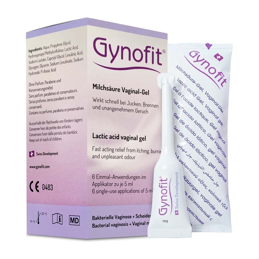 Emballage Gynofit, gel et applicateur. Gel vaginal lactique. 6 utilisations. Swiss Development.