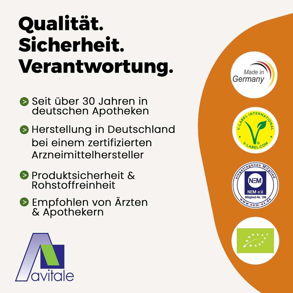 Text: Qualität. Sicherheit. Verantwortung. Logos: V-Label, NEM, Bio-Siegel. Text: Made in Germany.