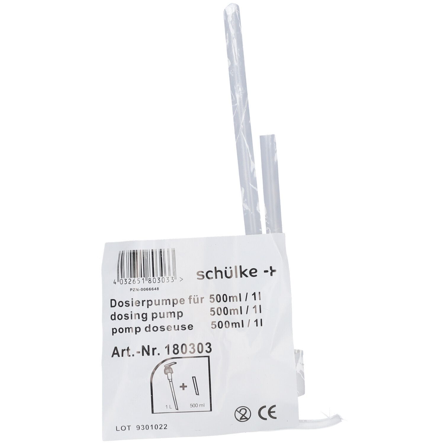 Emballage avec pompe doseuse et tubes plongeurs. Texte avec nom du produit, marque Schülke et réf. 180303.