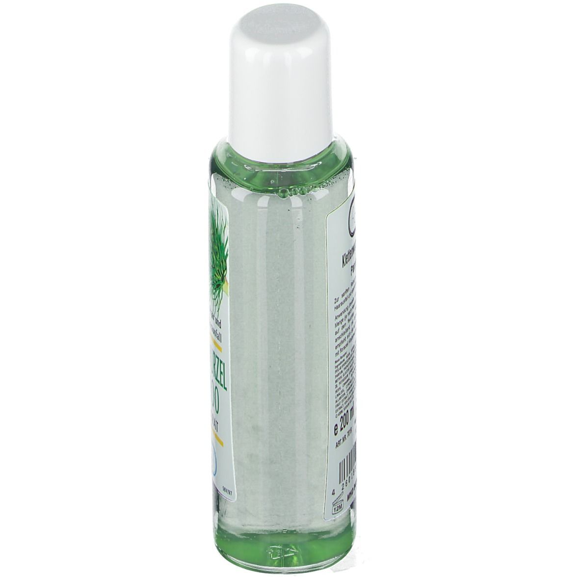 Flacon de shampooing à la racine de bardane, vue latérale. Liquide verdâtre, bouchon blanc. Texte sur l'étiquette.