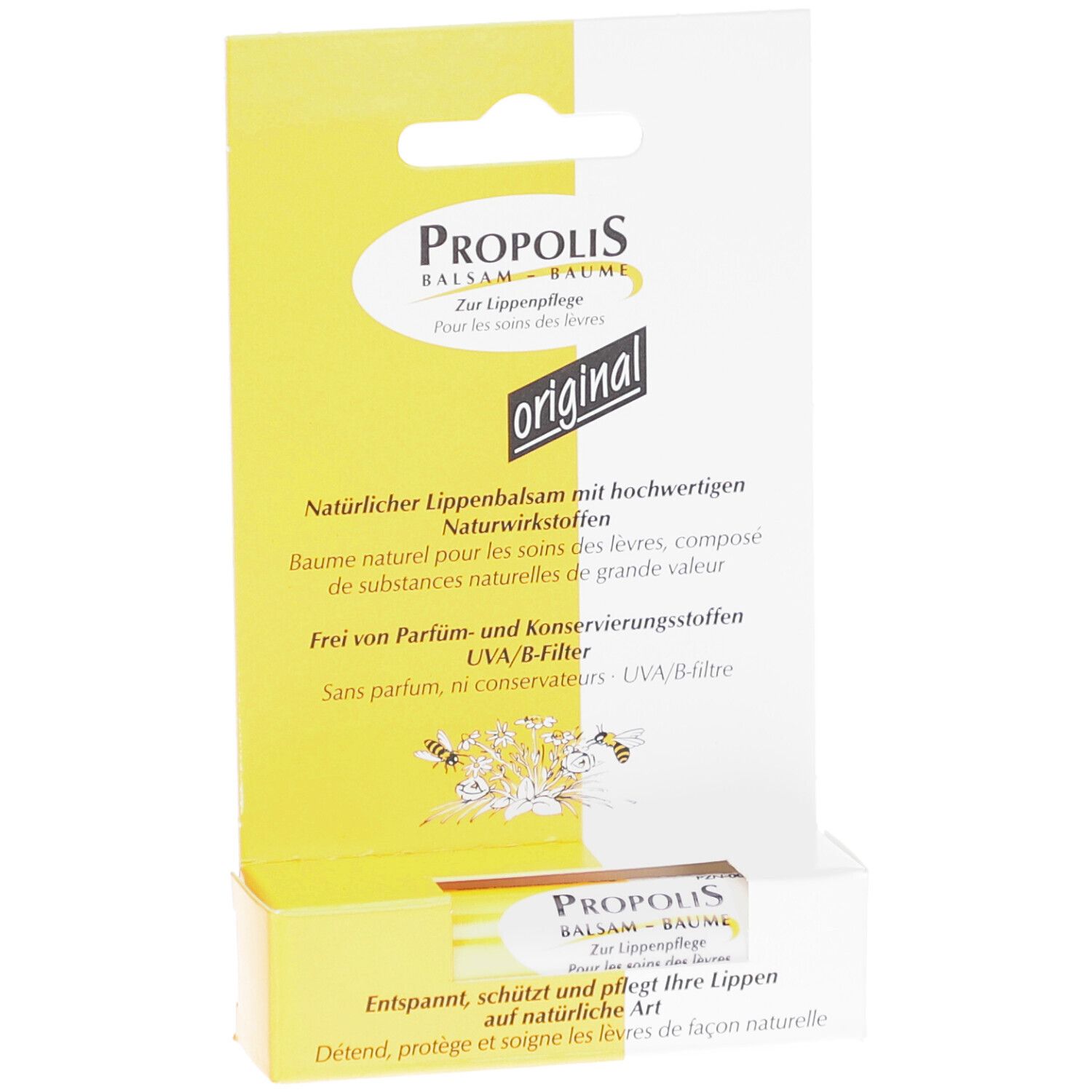 Propolis Balsam Verpackung. Gelb-weiße Schachtel mit Produktinformationen und dem Wort "original".