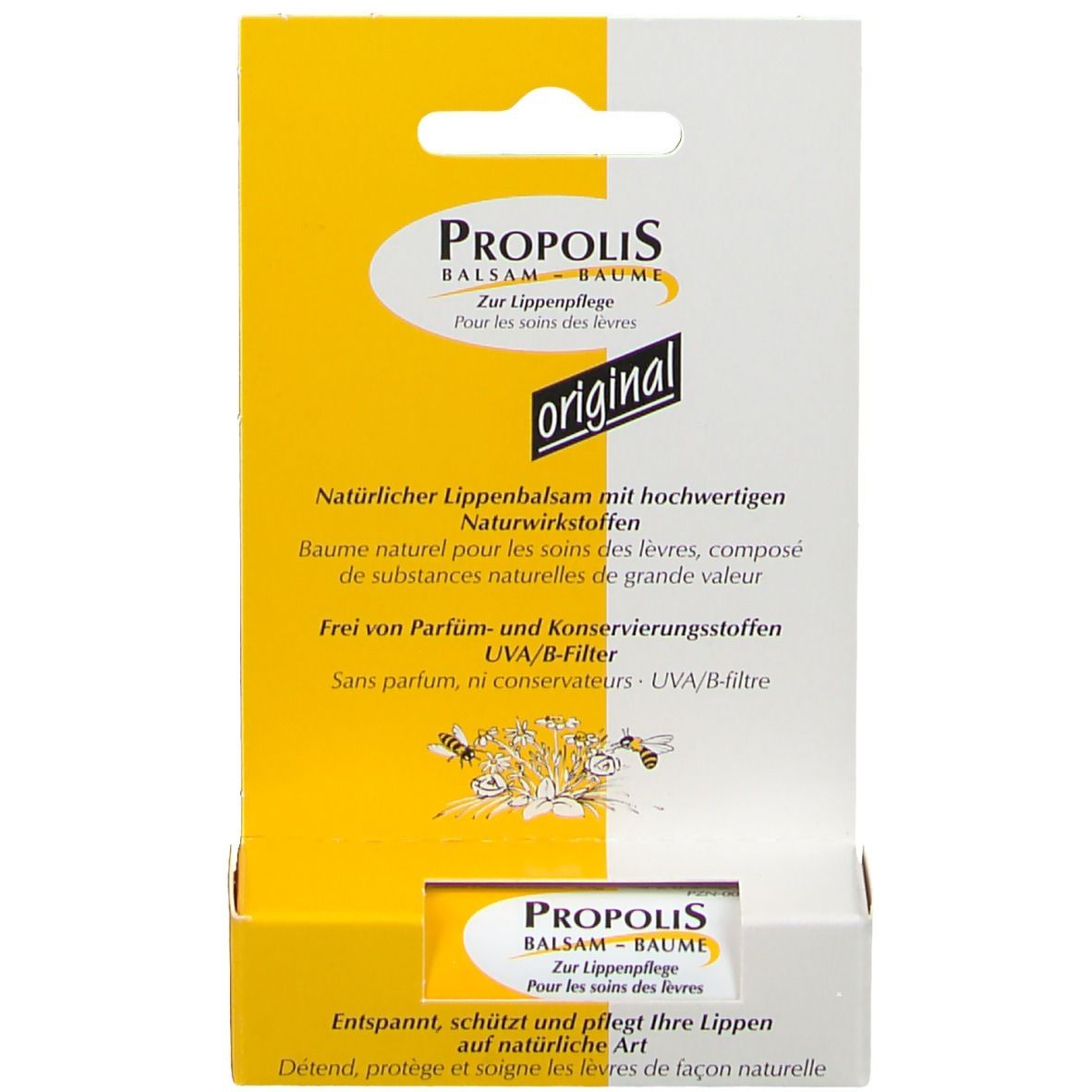 Emballage de Propolis Balsam. Boîte jaune et blanche avec informations et le mot "original".