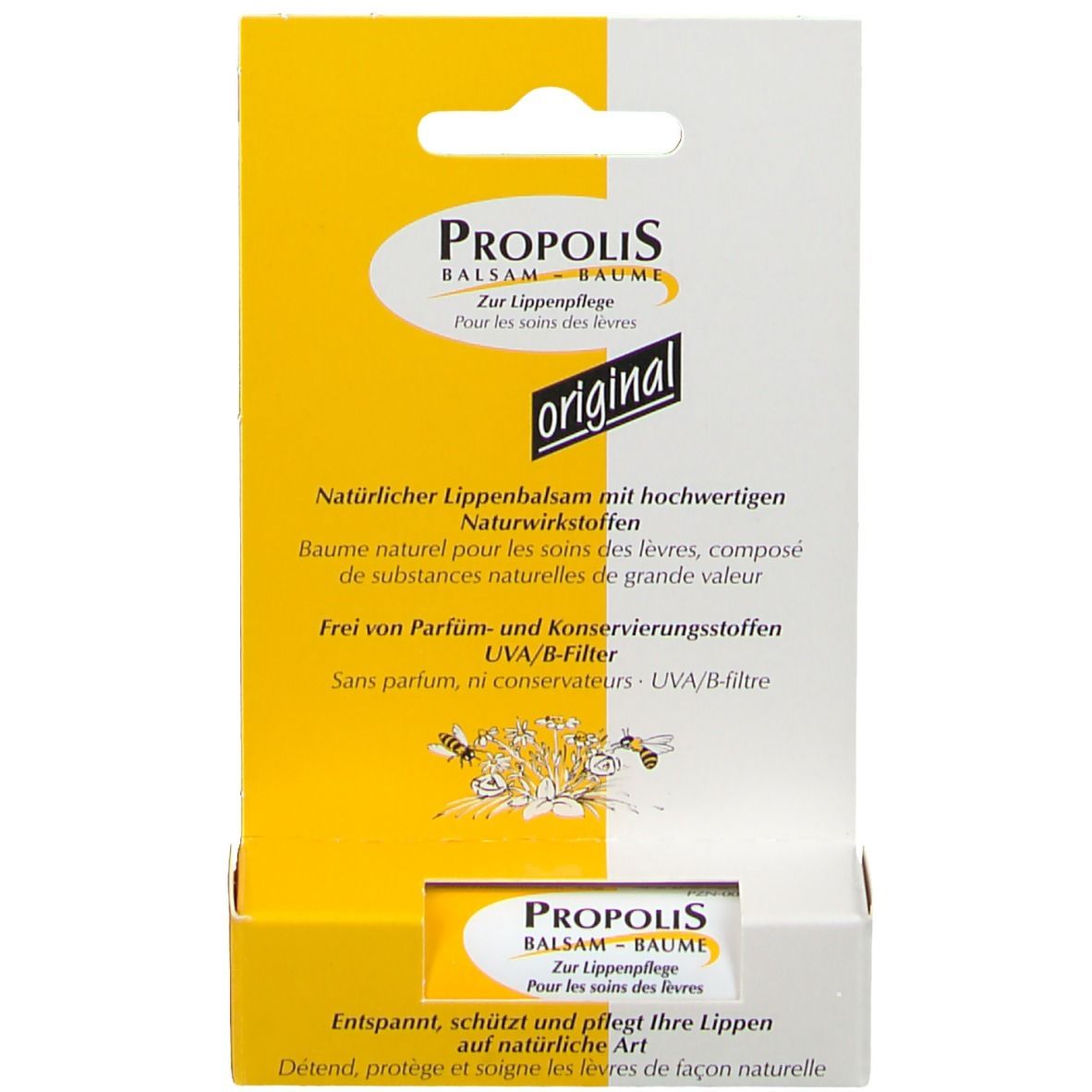Emballage de Propolis Balsam. Boîte jaune et blanche avec informations et le mot "original".
