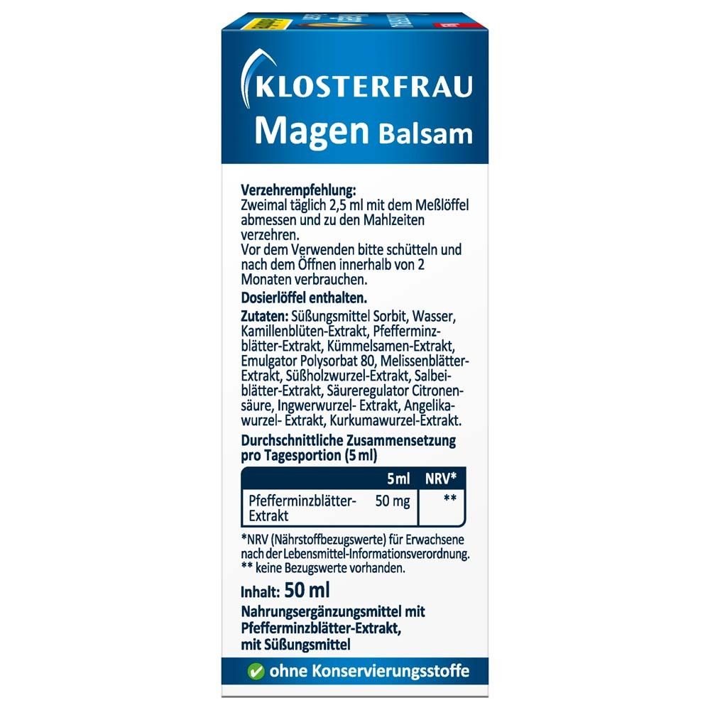 Seite der Schachtel KLOSTERFRAU Magen Balsam. Text über Dosierung und Inhaltsstoffe. Inhalt: 50 ml.