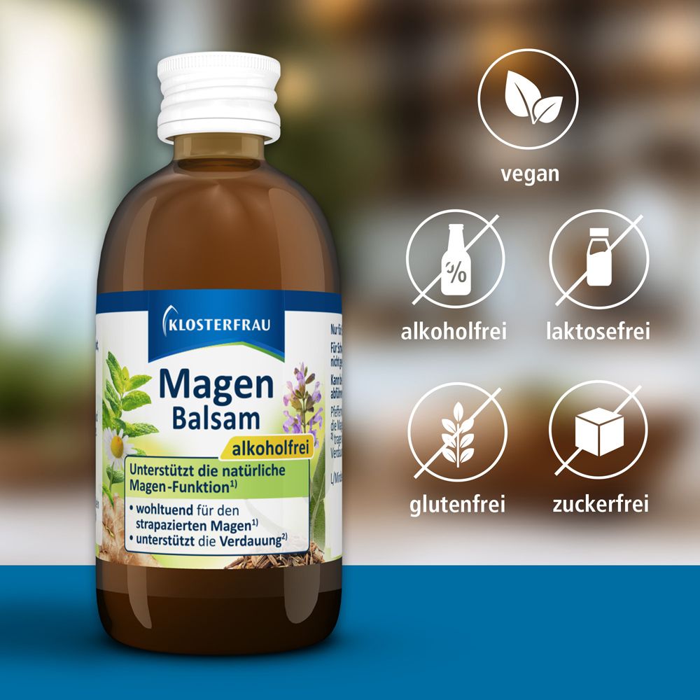 KLOSTERFRAU Magen Balsam Flasche. Text: vegan, alkoholfrei, laktosefrei, glutenfrei, zuckerfrei.