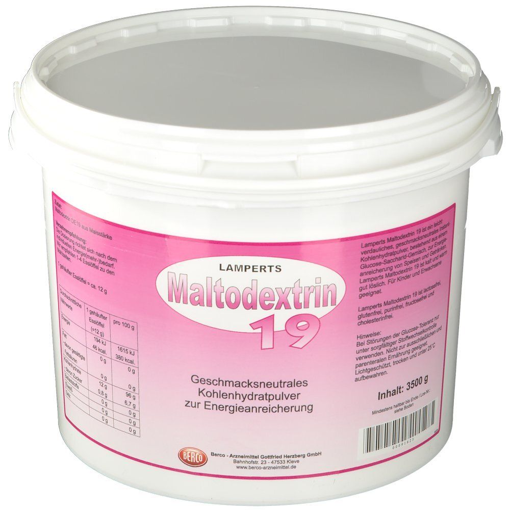 Seau blanc avec couvercle. Inscription : Lamperts Maltodextrin 19. Étiquette rose avec informations et valeurs nutritionnelles. Contenu : 3500 g.