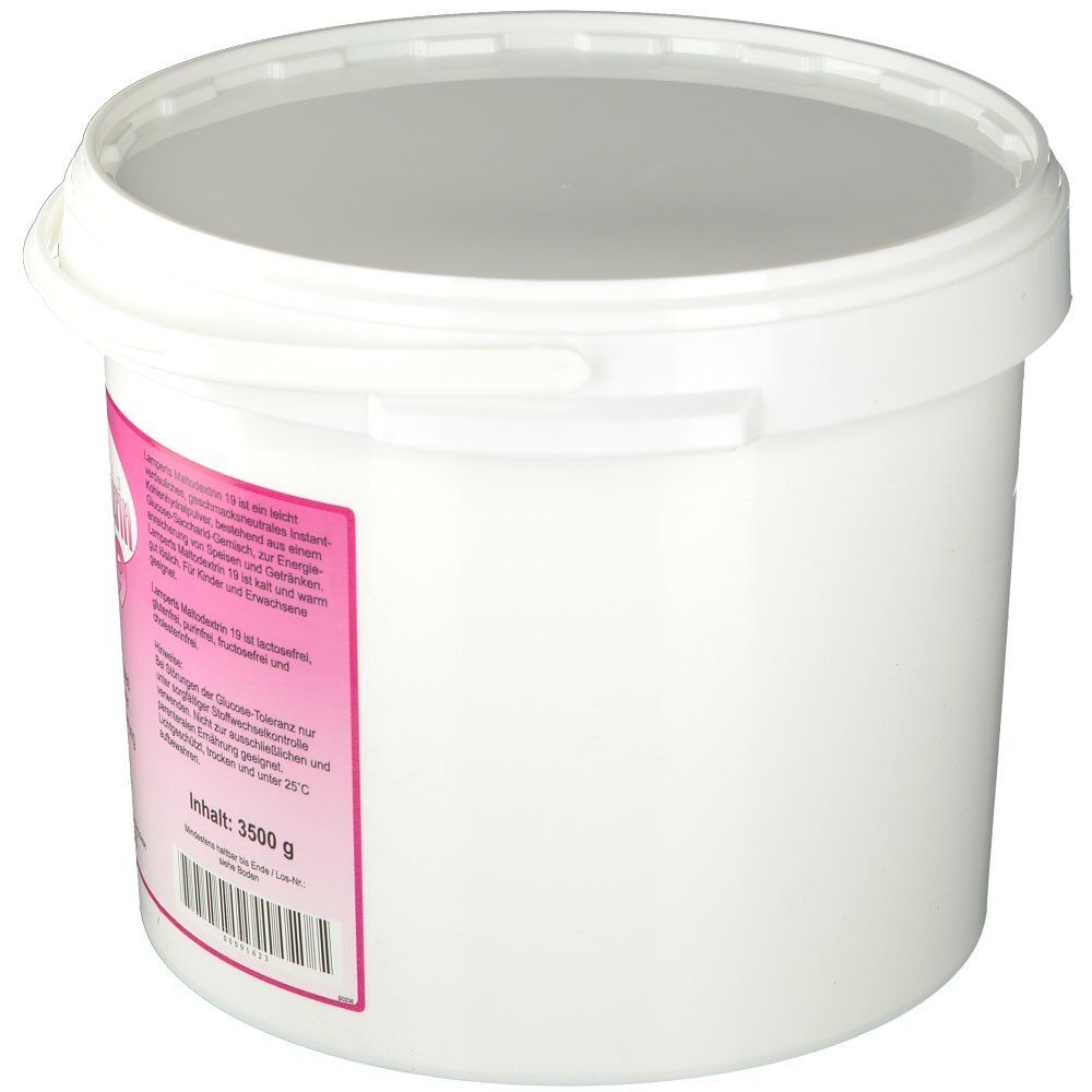 Seau blanc avec couvercle. Étiquette rose avec informations et valeurs nutritionnelles. Contenu : 3500 g. Vue latérale du récipient.