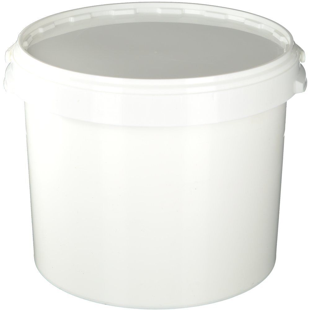 Seau blanc avec couvercle. Le couvercle est fermé. Le seau est en plastique.