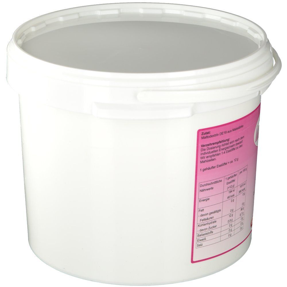 Seau blanc avec couvercle. Étiquette rose avec informations et valeurs nutritionnelles. Vue latérale du récipient.