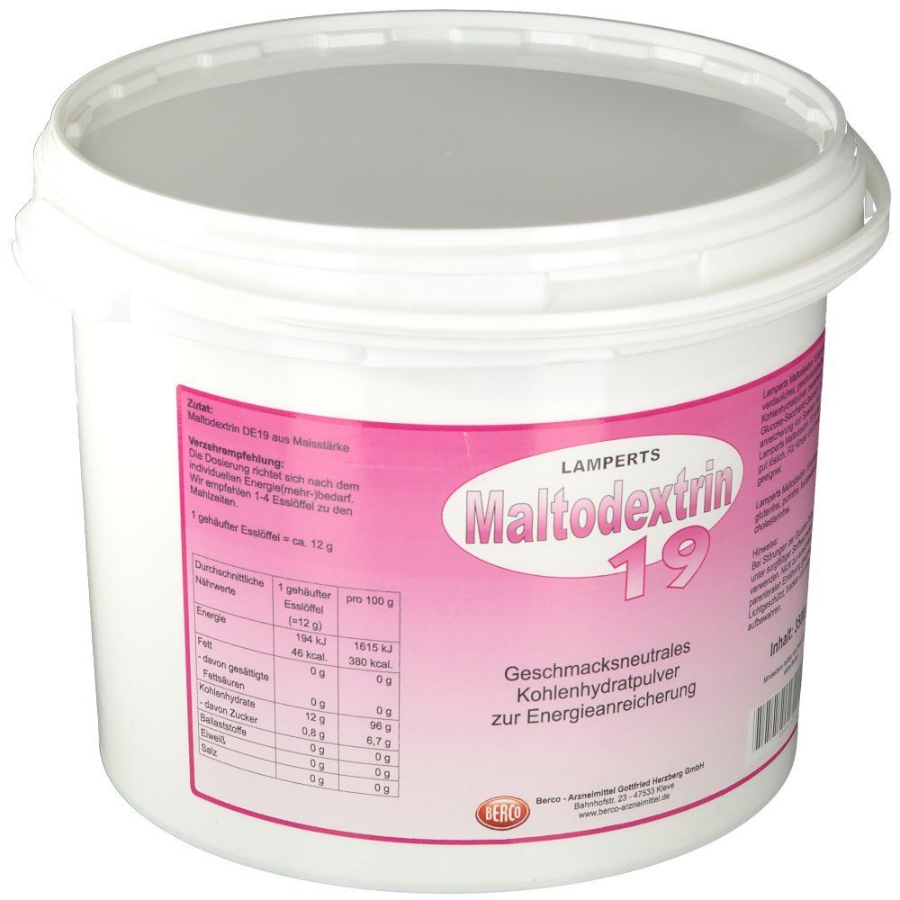 Seau blanc avec couvercle. Inscription : Lamperts Maltodextrin 19. Étiquette rose avec informations et valeurs nutritionnelles.