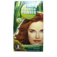 Boîte de Hennaplus Colour Powder Mahagony 52. Femme aux cheveux roux. Texte vert et blanc.