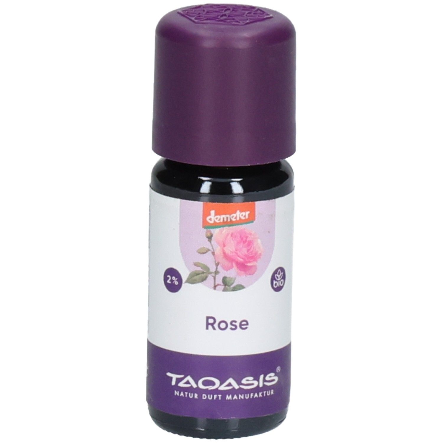 Kleine Glasflasche mit lila Verschluss. Etikett mit Rose, Text: Rose, 2%, TAOASIS, Demeter-Logo.