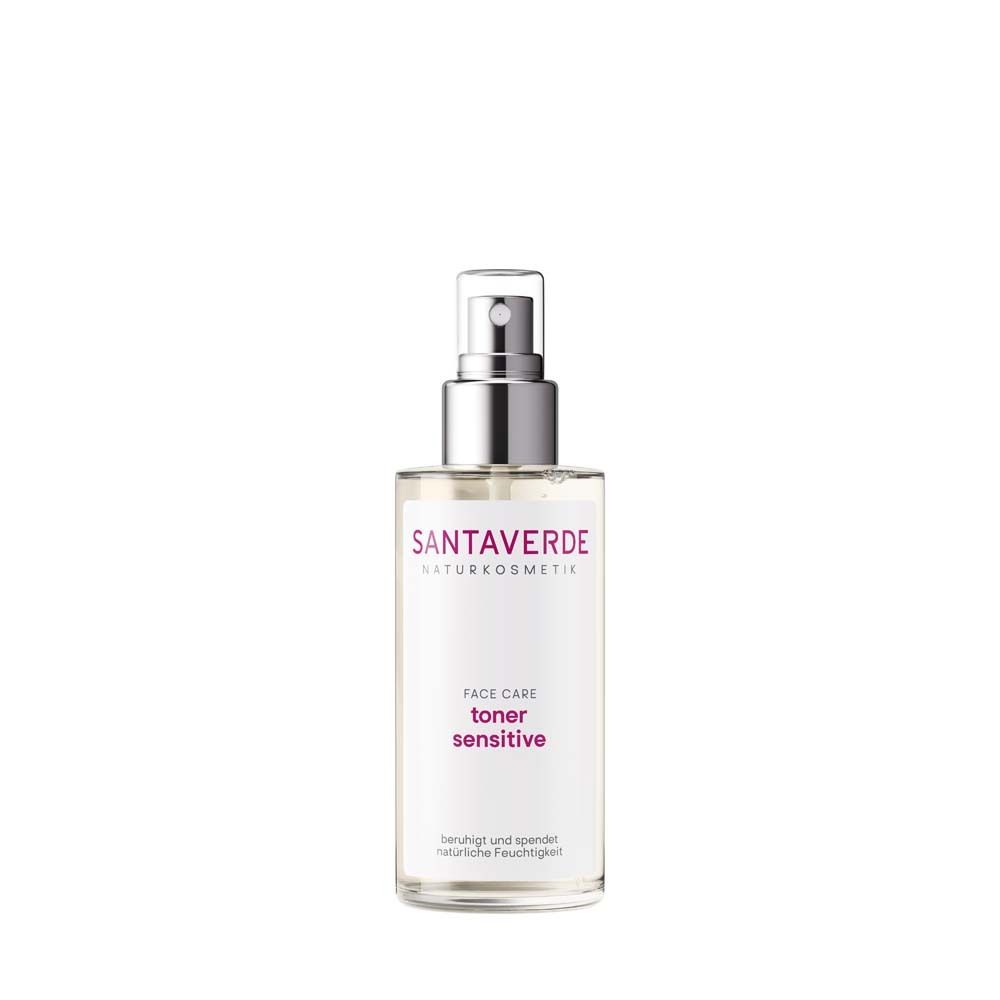 Flacon pulvérisateur transparent. Inscriptions: SANTAVERDE, FACE CARE, toner sensitive.