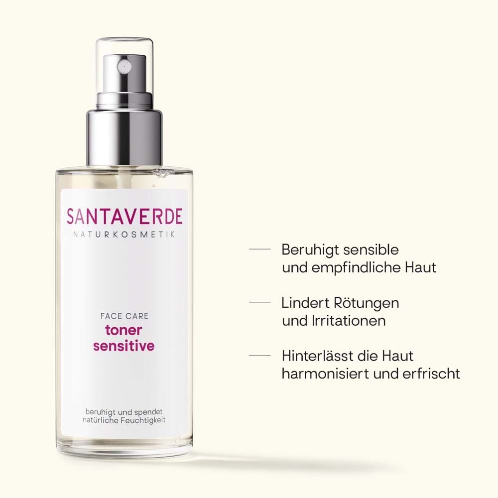SANTAVERDE Toner sensitive. Sprühflasche. Text: beruhigt, spendet Feuchtigkeit. Textfelder mit Eigenschaften.