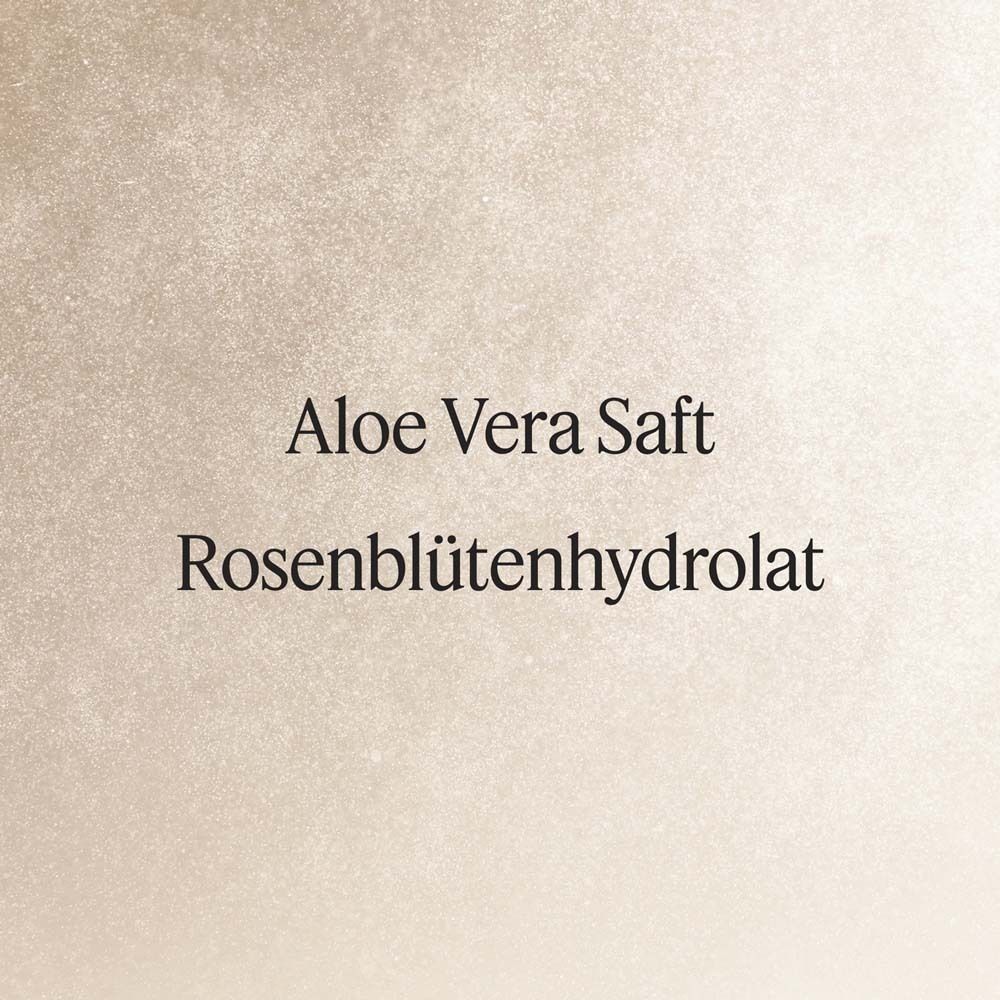 Texte sur fond beige: Aloe Vera Saft, Rosenblütenhydrolat.
