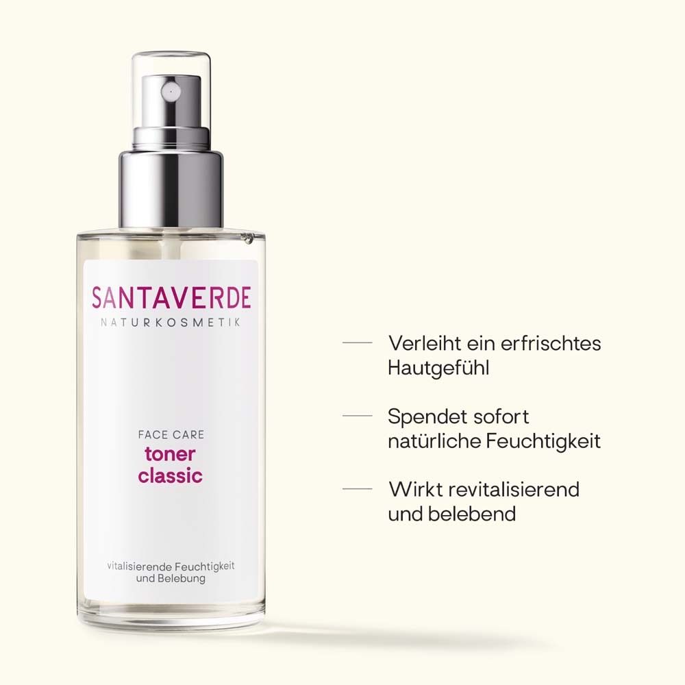 SANTAVERDE Aloe Vera Toner Classic. Flacon transparent avec vaporisateur. Texte: Face Care, Toner Classic.