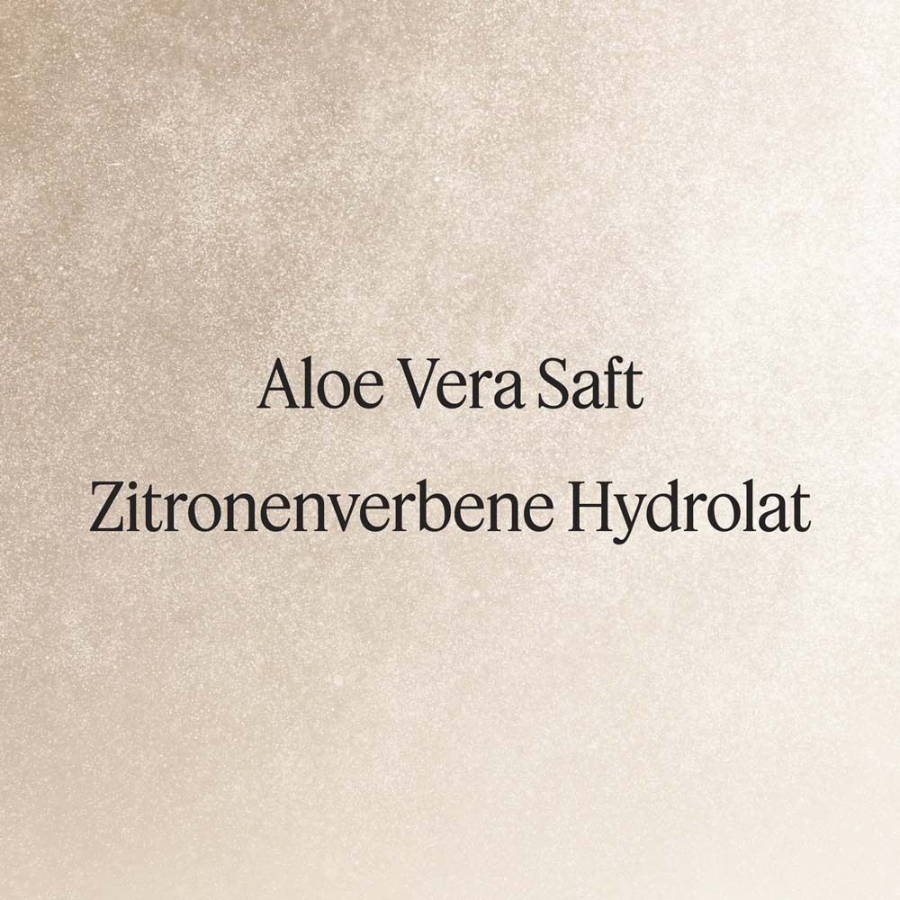Texte: Aloe Vera Saft, Zitronenverbenen Hydrolat. Fond avec dégradé de couleurs.