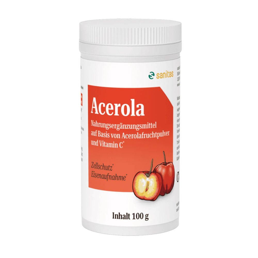 Weiße Dose mit Acerola-Pulver, enthält Acerolafruchtpulver und Vitamin C. 100g Inhalt.