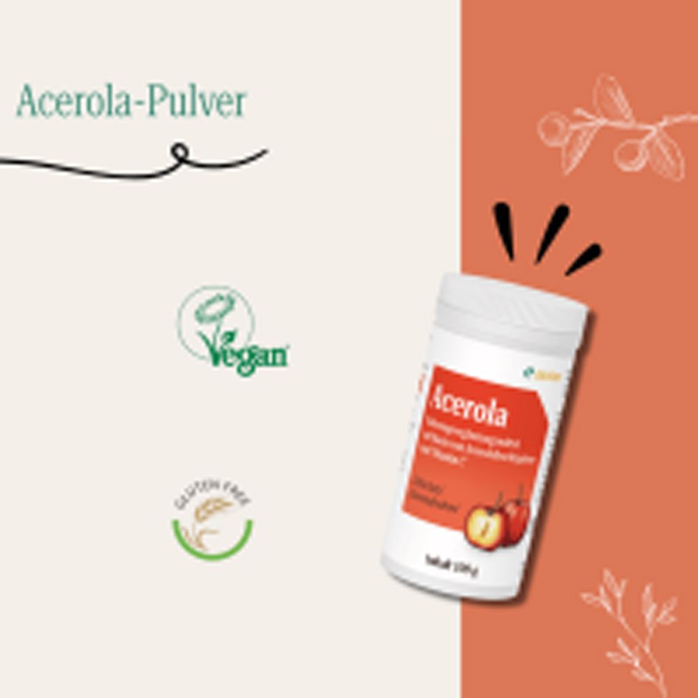 Dose Acerola-Pulver mit Siegeln für vegan und glutenfrei. Produktinformationen auf der linken Seite.
