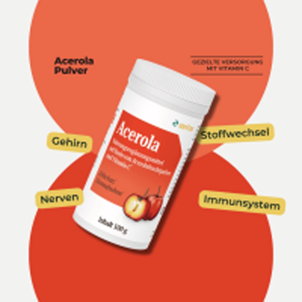 Dose Acerola-Pulver mit Hinweisen zu Gehirn, Stoffwechsel, Nerven und Immunsystem.