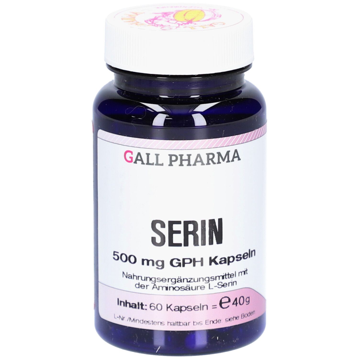 Flacon bleu foncé avec bouchon blanc. Inscription: SERIN 500 mg GPH Kapseln. Contenu: 60 gélules. Marque: GALL PHARMA.