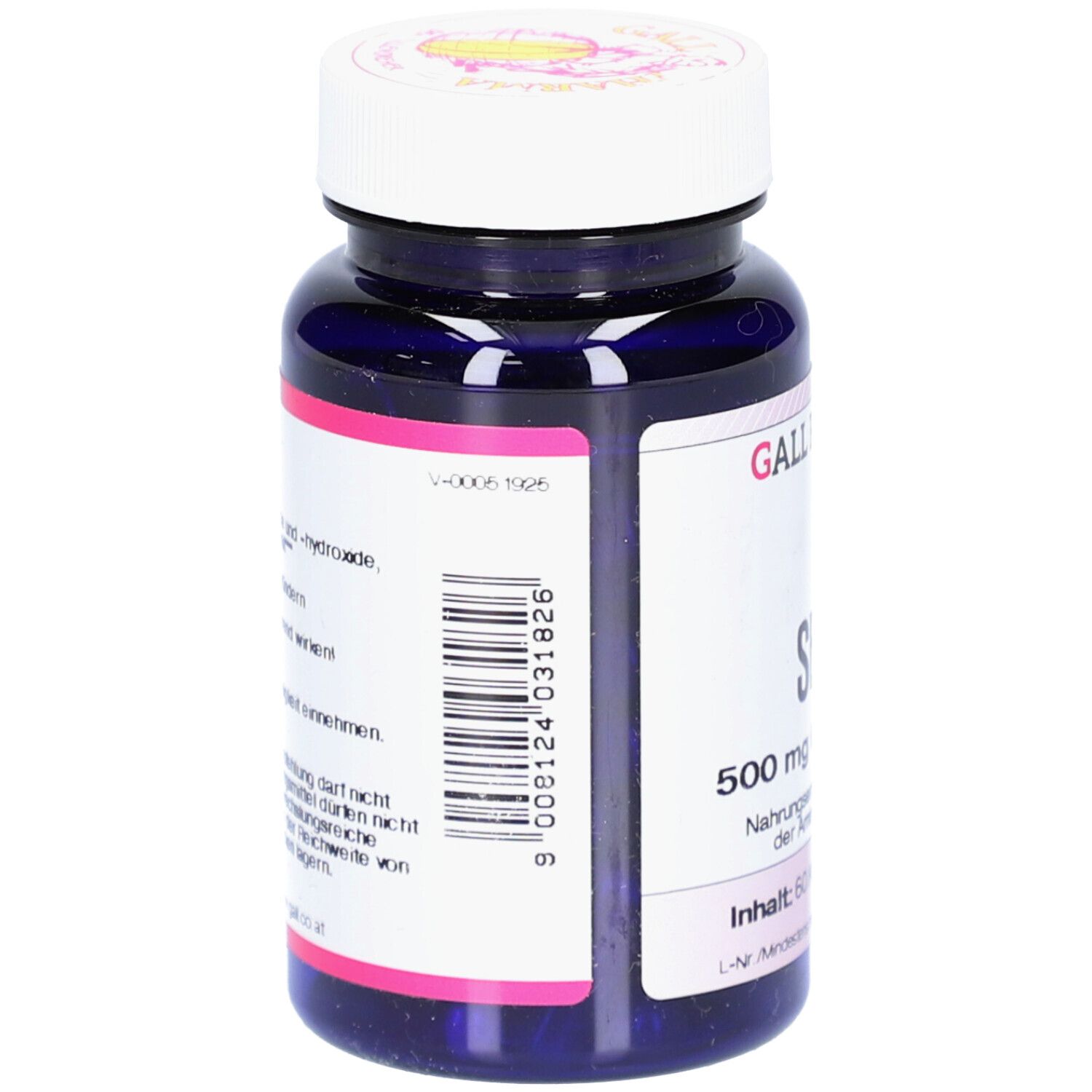 Vue arrière du flacon bleu foncé avec bouchon blanc. Code-barres et texte sur l'étiquette. Marque: GALL PHARMA.