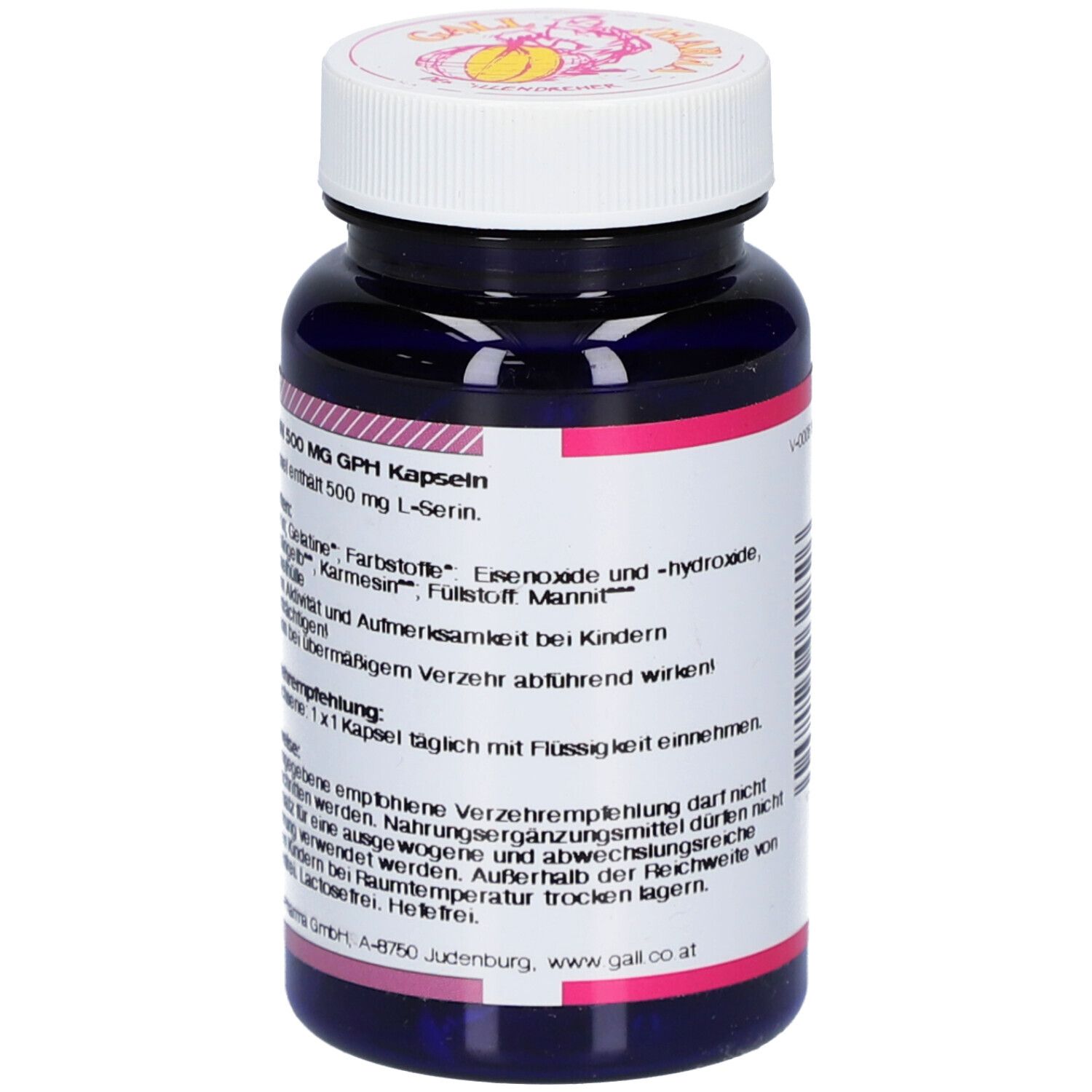 Flacon bleu foncé avec bouchon blanc. Texte sur l'étiquette. Marque: GALL PHARMA. Contient des informations sur les ingrédients et l'utilisation.