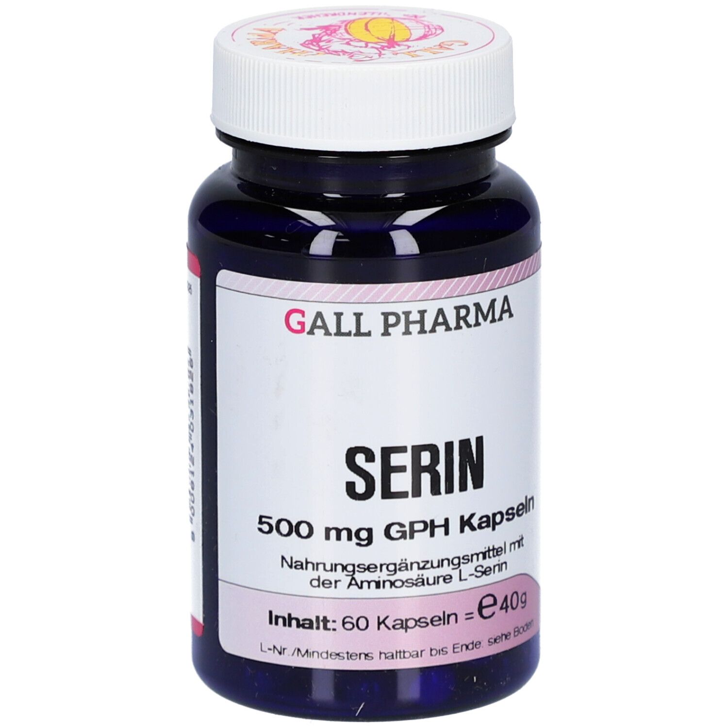 Flacon bleu foncé avec bouchon blanc. Inscription: SERIN 500 mg GPH Kapseln. Contenu: 60 gélules. Marque: GALL PHARMA.