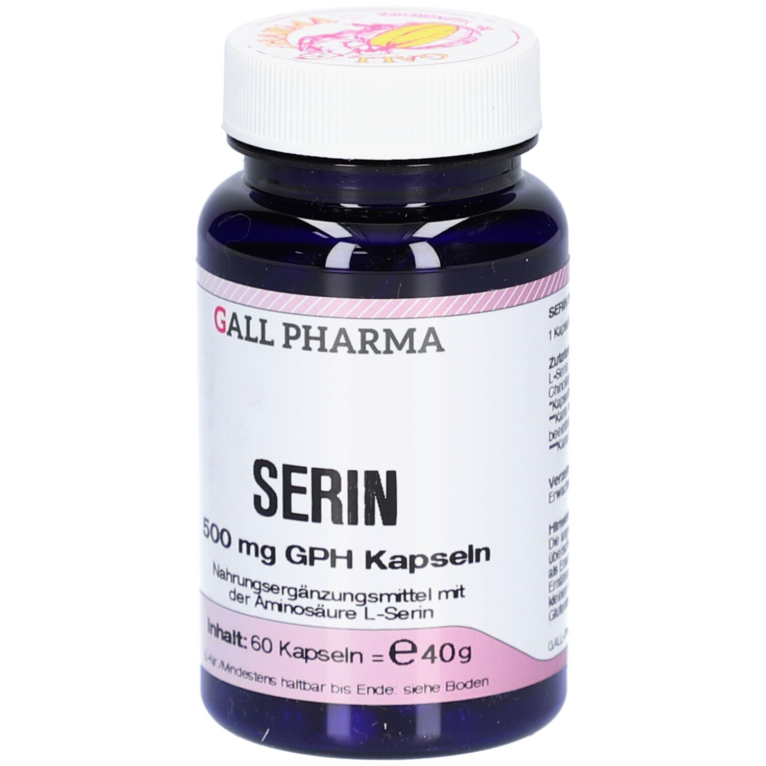 Flacon bleu foncé avec bouchon blanc. Inscription: SERIN 500 mg GPH Kapseln. Contenu: 60 gélules. Marque: GALL PHARMA.