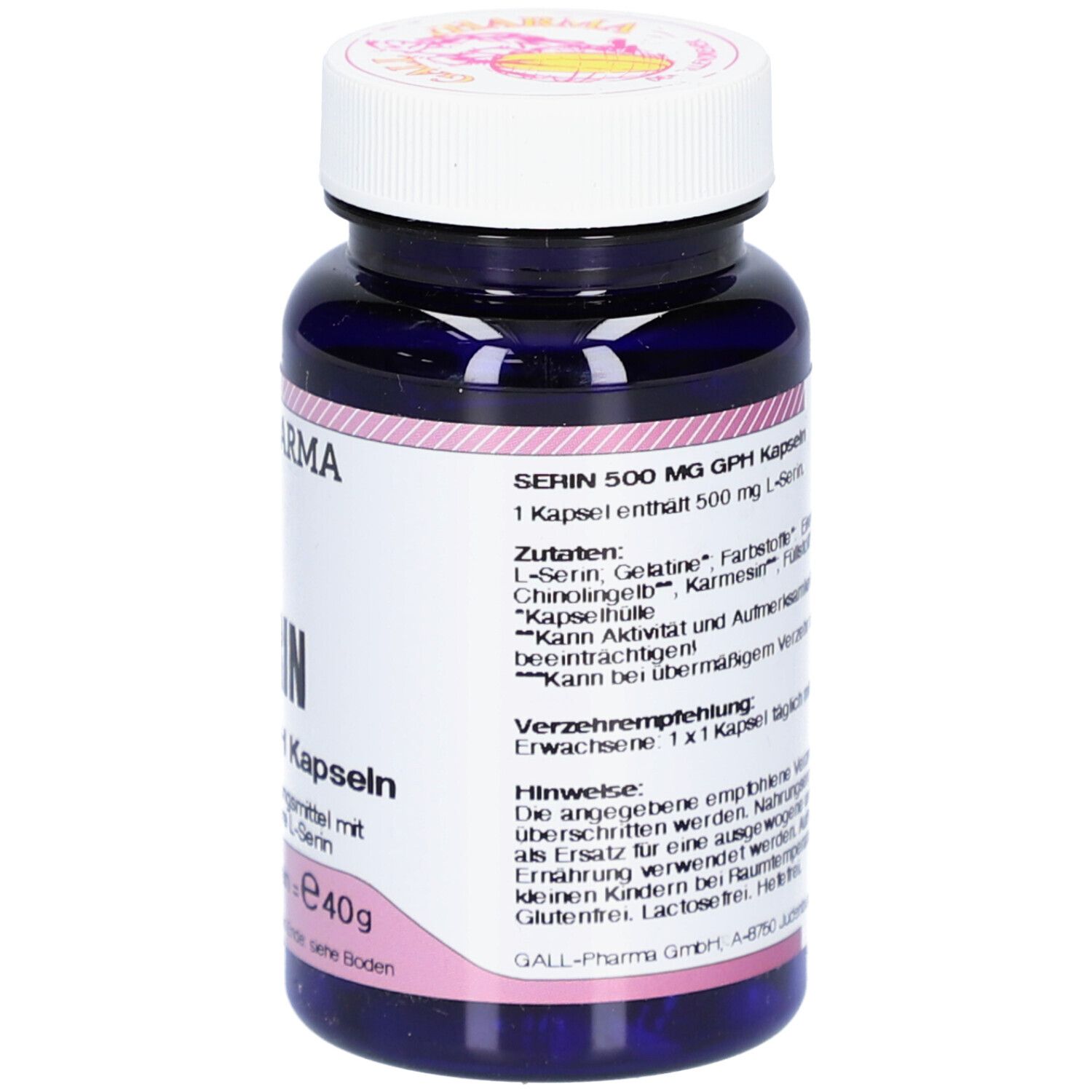 Flacon bleu foncé avec bouchon blanc. Inscription: SERIN 500 mg GPH Kapseln. Liste des ingrédients et instructions d'utilisation. Marque: GALL PHARMA.