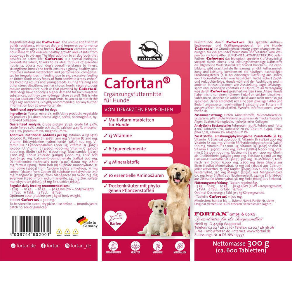 Dos du flacon. Texte et ingrédients. Cafortan® pour chiens. Chien et chiot. Poids net 300 g (env. 600 comprimés).