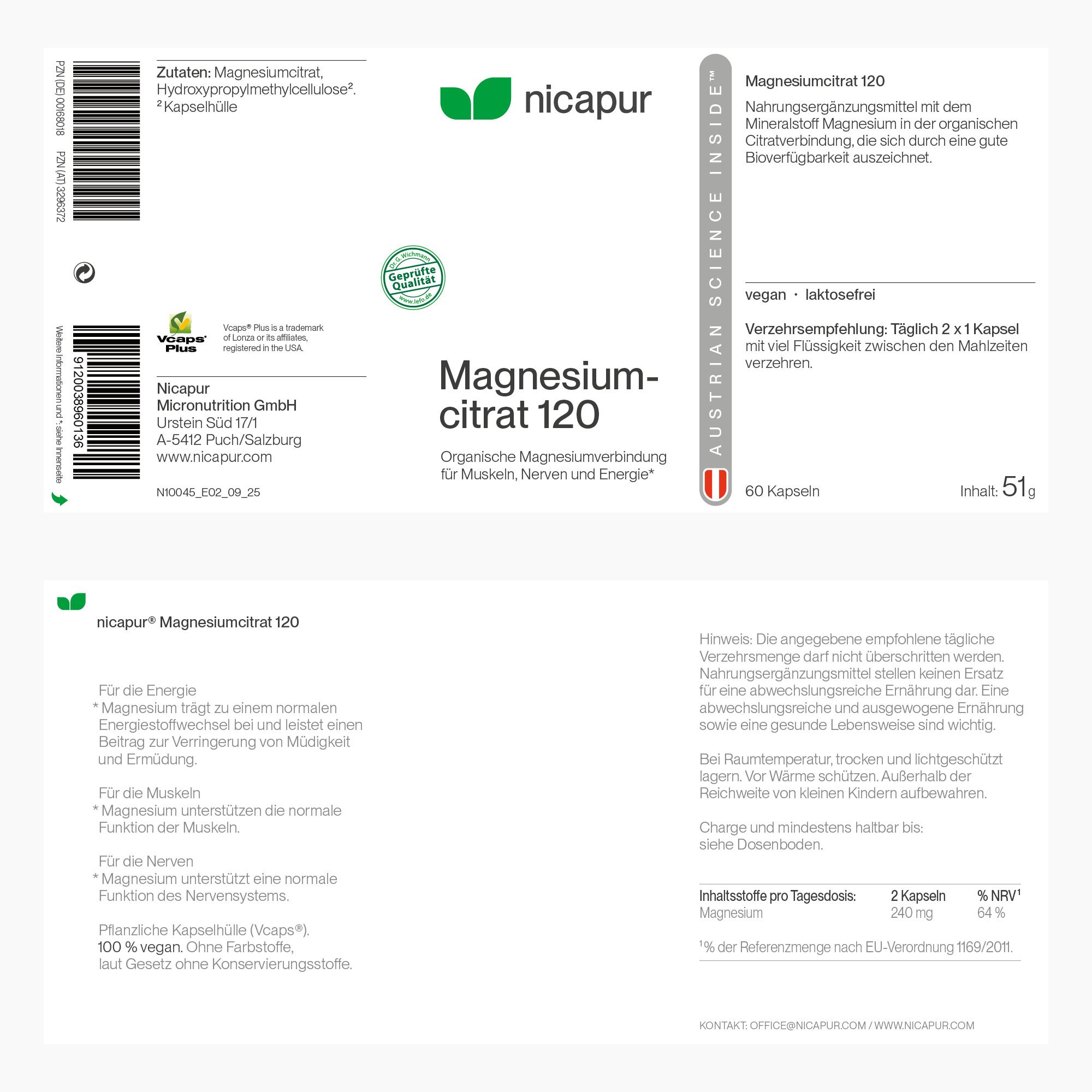 Nicapur Magnesium-citrat 120 Kapseln, organische Magnesiumverbindung für Muskeln, Nerven und Energie.